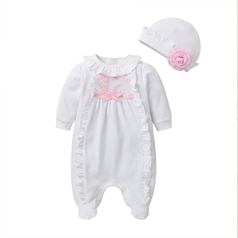 Newborn Baby Girl Clothing Jumpsuit Footies Overall with Cap White Pink Sleeping Bag