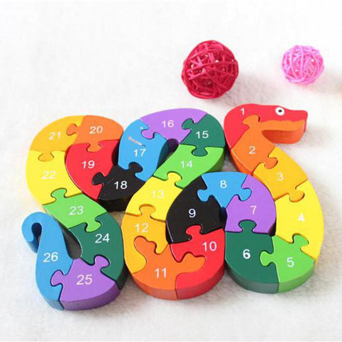 Baby Kids Wooden Alphabet Number Building Jigsaw Puzzle Snake Shape