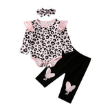 Newborn Baby Girl Leopard Ruffles Long Sleeve Romper 3 Pieces