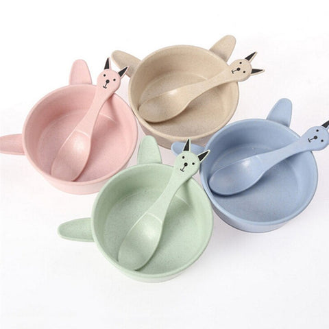 Lovely Baby Tableware Set Big Ears Rabbit Shape Bowl+Fun Pattern Spoon